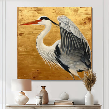 Heron Ready For Liftoff On Gold - White Heron Wall Art